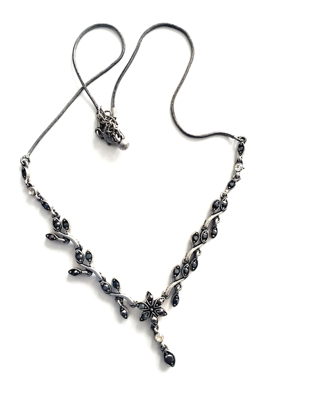 Black Gem Marcasite Style Floral Vine Drop Necklace